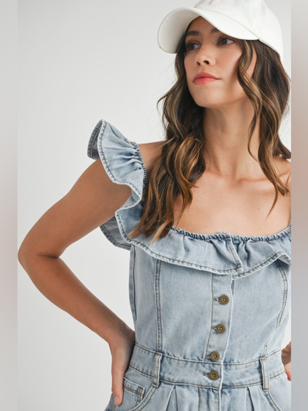 MABLE Off Shoulder Ruffle Detail Denim Romper - Picture 14 of 14